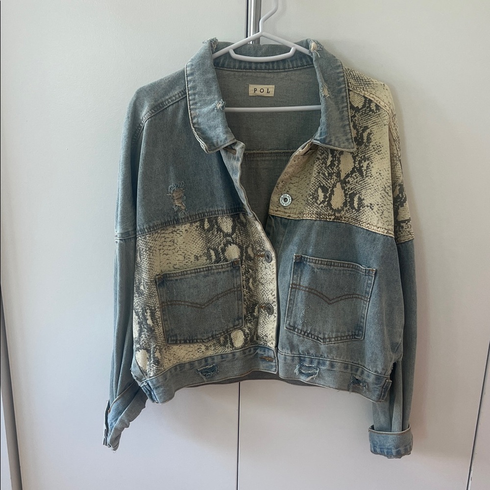 POL Blue and Beige Snake Print Denim Jacket
